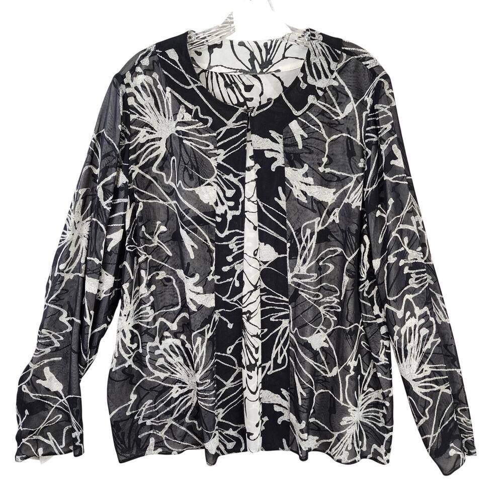 Sheer Black White Blouse Women's Floral One Sz Abstract Reversible Long Sleeve
